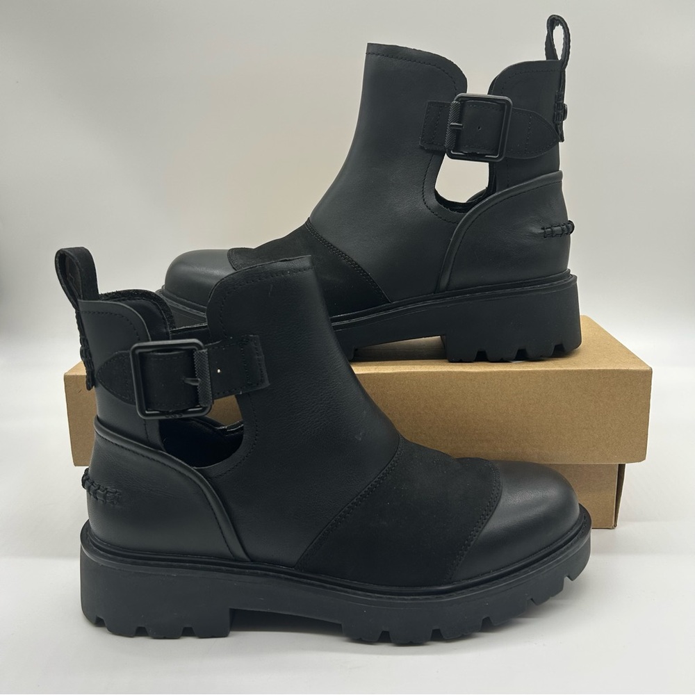 NWT UGG Stockton Boots size 8.5 Black Ankle Booties Black Chunky Lug Leather NEW